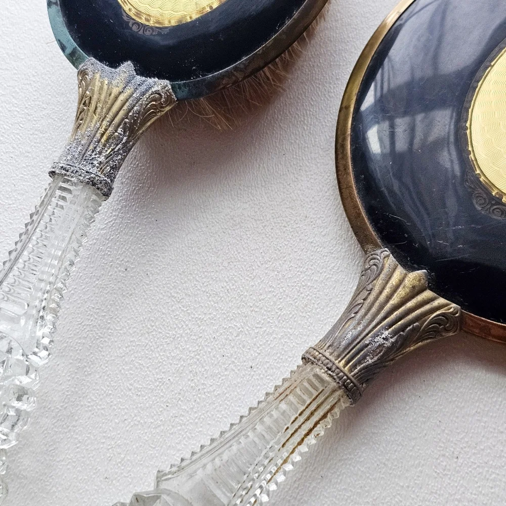 🪞 Early 1900s Antique Vanity Mirror & Brush Set Guilloché Style Glass Handles